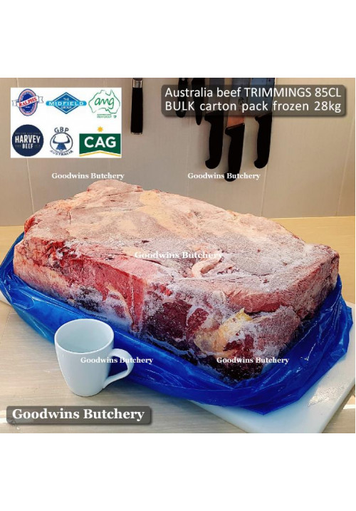 Australia BEEF TRIMMINGS 85CL daging sapi tetelan frozen GBP bulk carton pack +/- 28kg 50x33x18cm (price/kg)